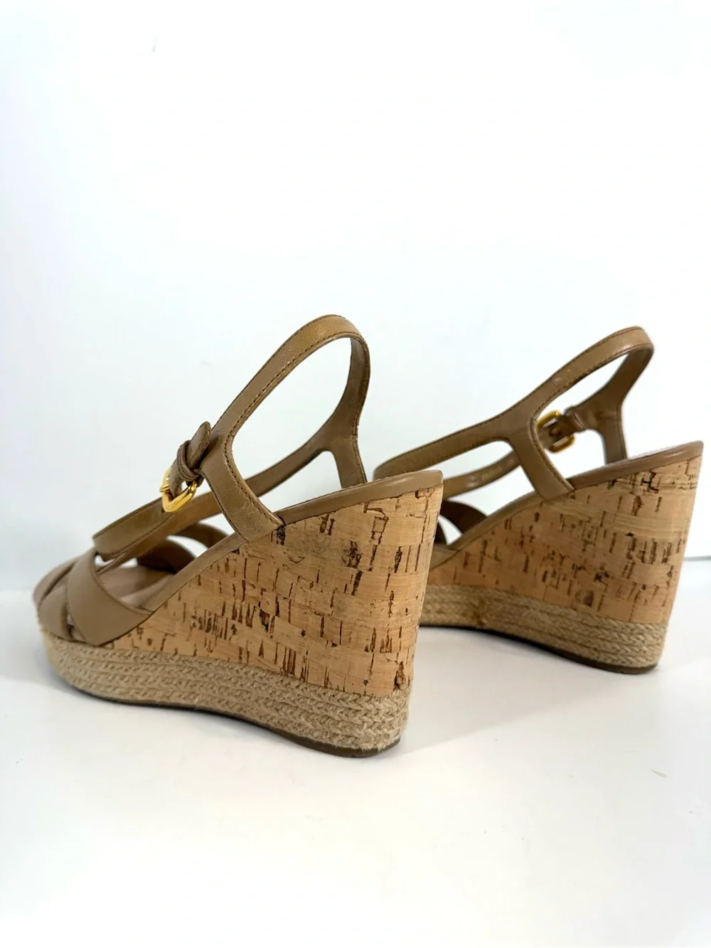 Prada Leather Cork Espadrille Wedge Sandals EU 39 US 9 Tan Slingback Italy